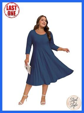 Plus Size Midi Dress 3/4 Sleeve A-Line Flare with Pockets Casual